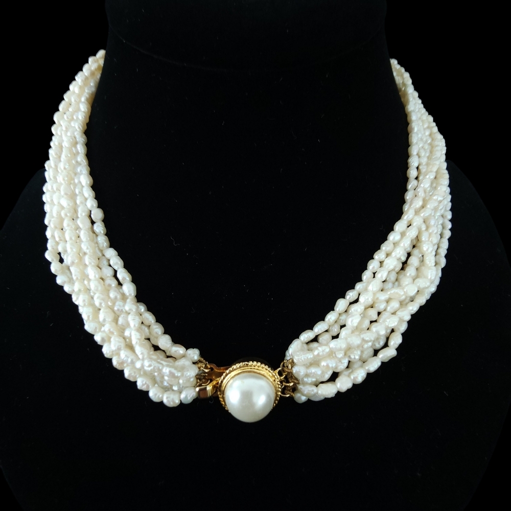 Vintage pearl necklace creamy white petite rice pearls multi strand A0156 -Q3